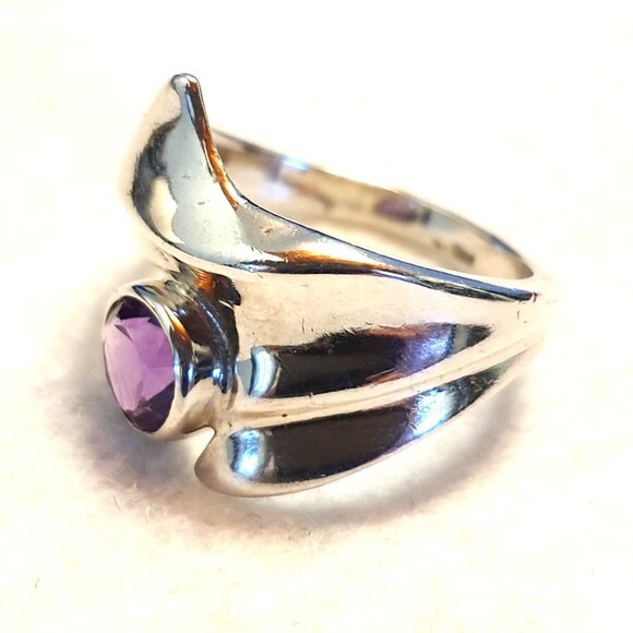 Unique Vintage Sterling Silver Natural Amethyst Floral Statement Ring – Size 9 - Picture 6 of 15
